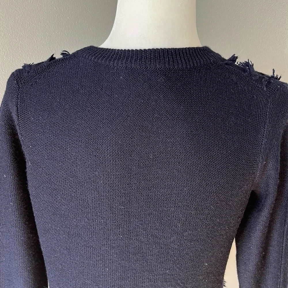 J. Crew Wool Cable Knit Crewneck Fringe Sweater Navy Blue